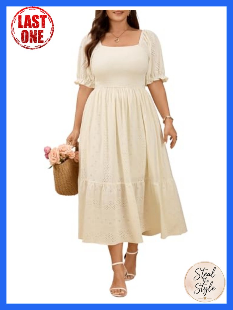 Plus Size Square Neck Smocked Maxi Dress With Puff Sleeves